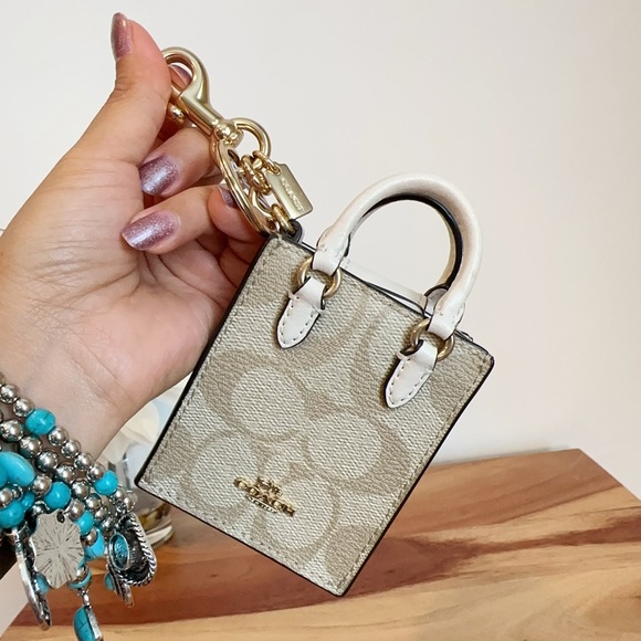 NWT Coach North/South Mini Tote Bag Charm In Signature‎ Canvas - Picture 2 of 6